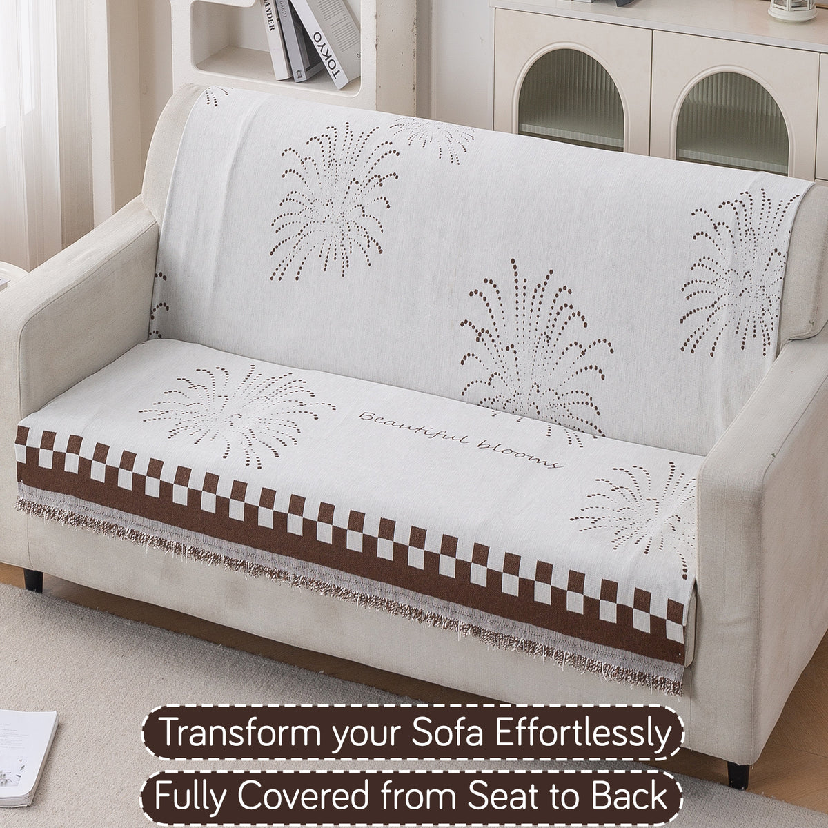 Premium 320 GSM Chenille Sofa Cover 'Serene Abode Series', Brown Dot Burst