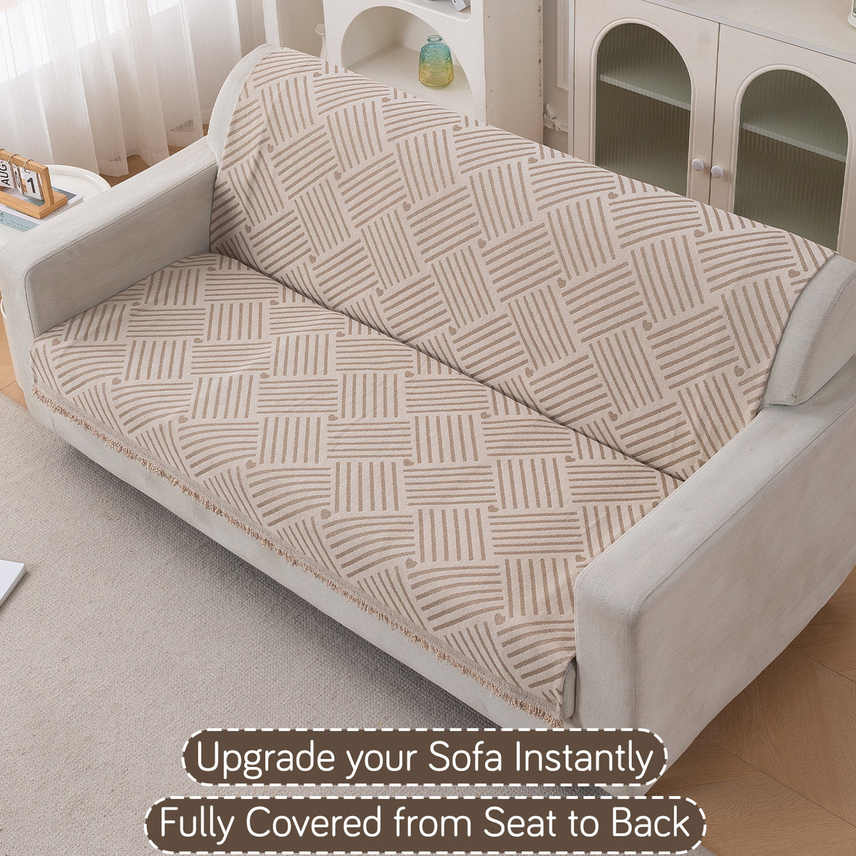 Premium 320 GSM Chenille Sofa Cover 'Serene Abode Series', Beige Geo Weave