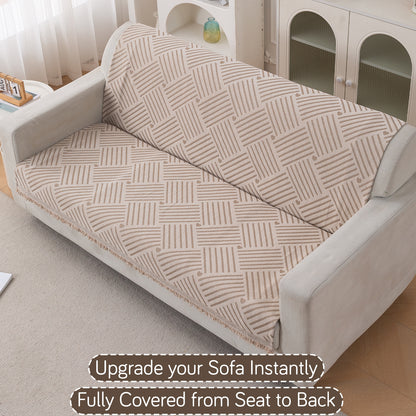 Premium 320 GSM Chenille Sofa Cover 'Serene Abode Series', Beige Geo Weave
