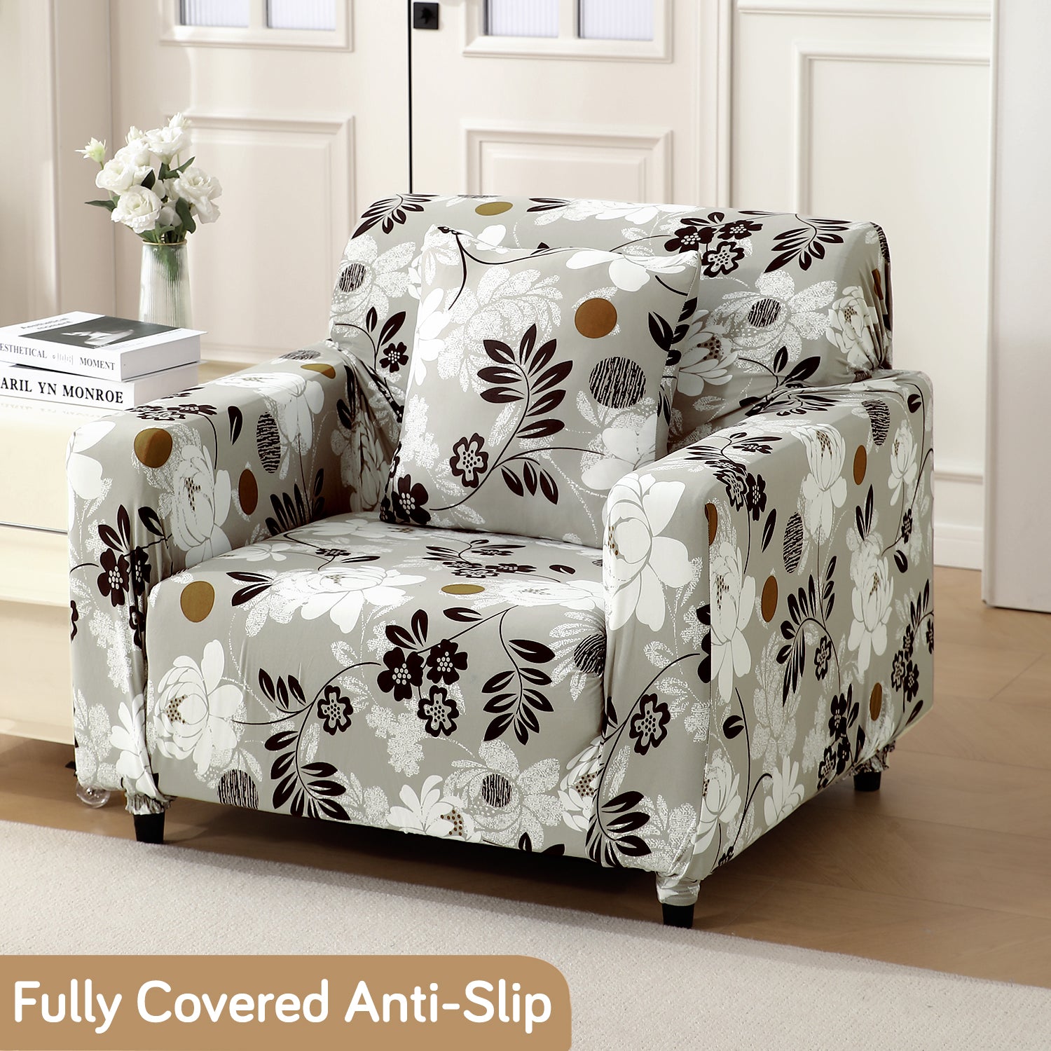 Feather Brown Floral Colour non slip elastic 1 seater sofa cover​