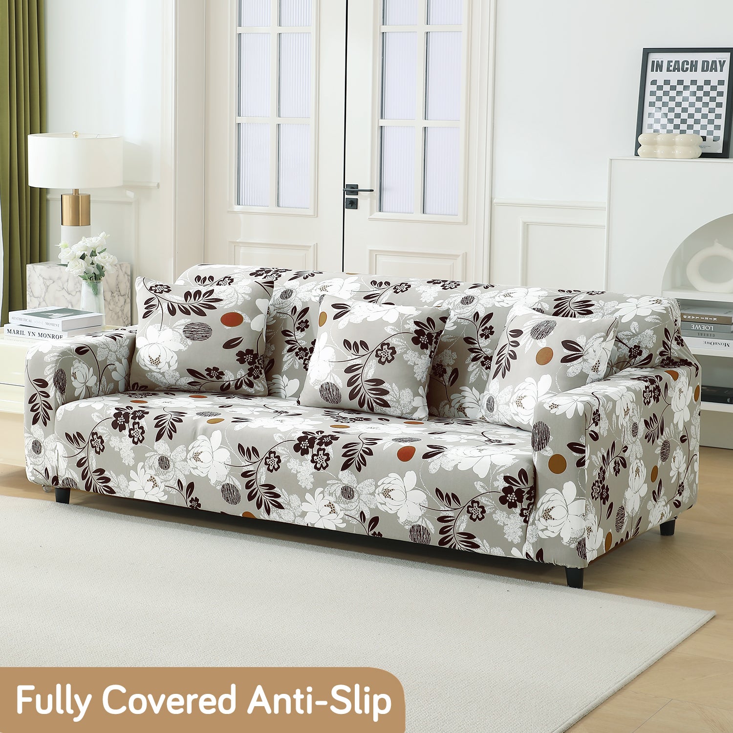 Feather Brown Floral Colour non slip elastic 3 seater sofa cover​s