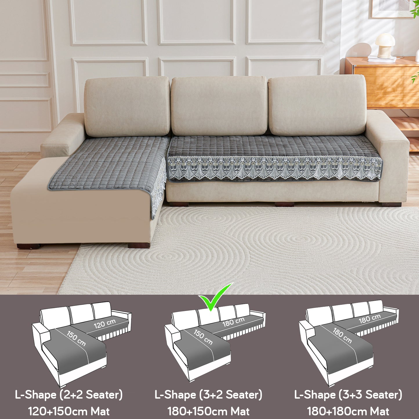 BelleLace Series Imperial Milk Velvet L Shape Sofa Cover Mat with Lace Design - Porpoise Grey