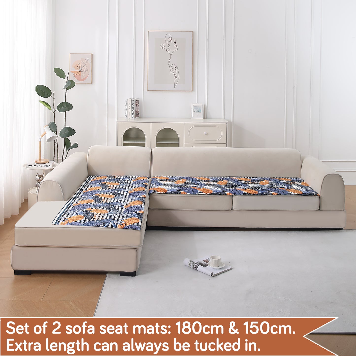 LiefNest Printed Holland Velvet L Shape Sofa Seat Mat with Foam Filling - Tropical Leaves Dusk Blue