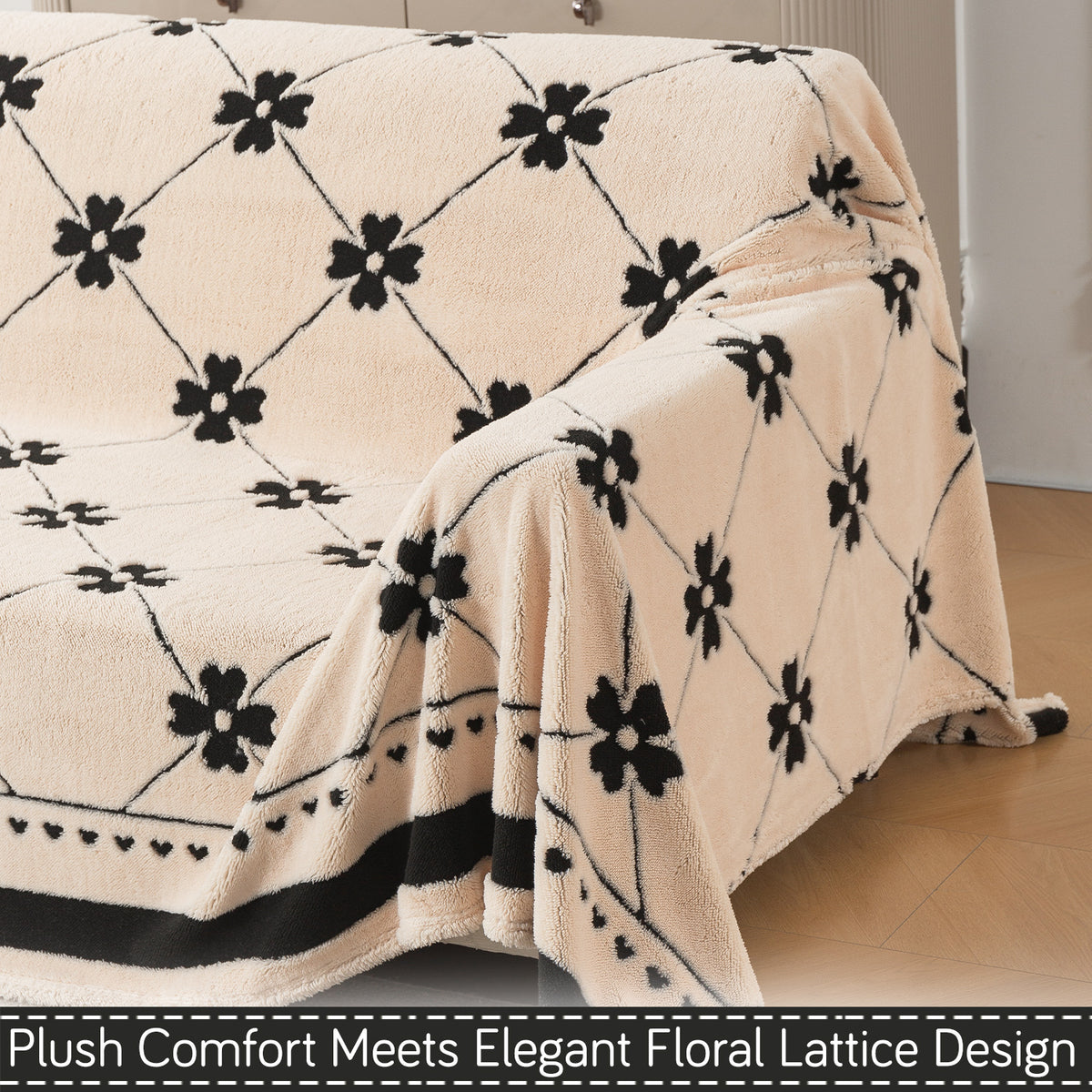 'Noirea Series' Plush Sofa Cover Throw for Complete Sofa, Floral Lattice