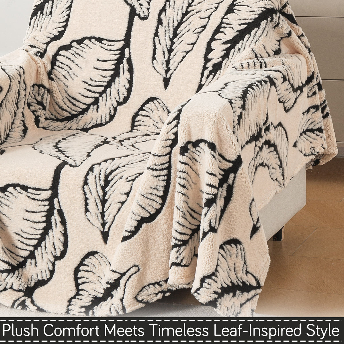 'Noirea Series' Plush Sherpa Sofa Cover Throw for Complete Sofa, Botanical Leaf