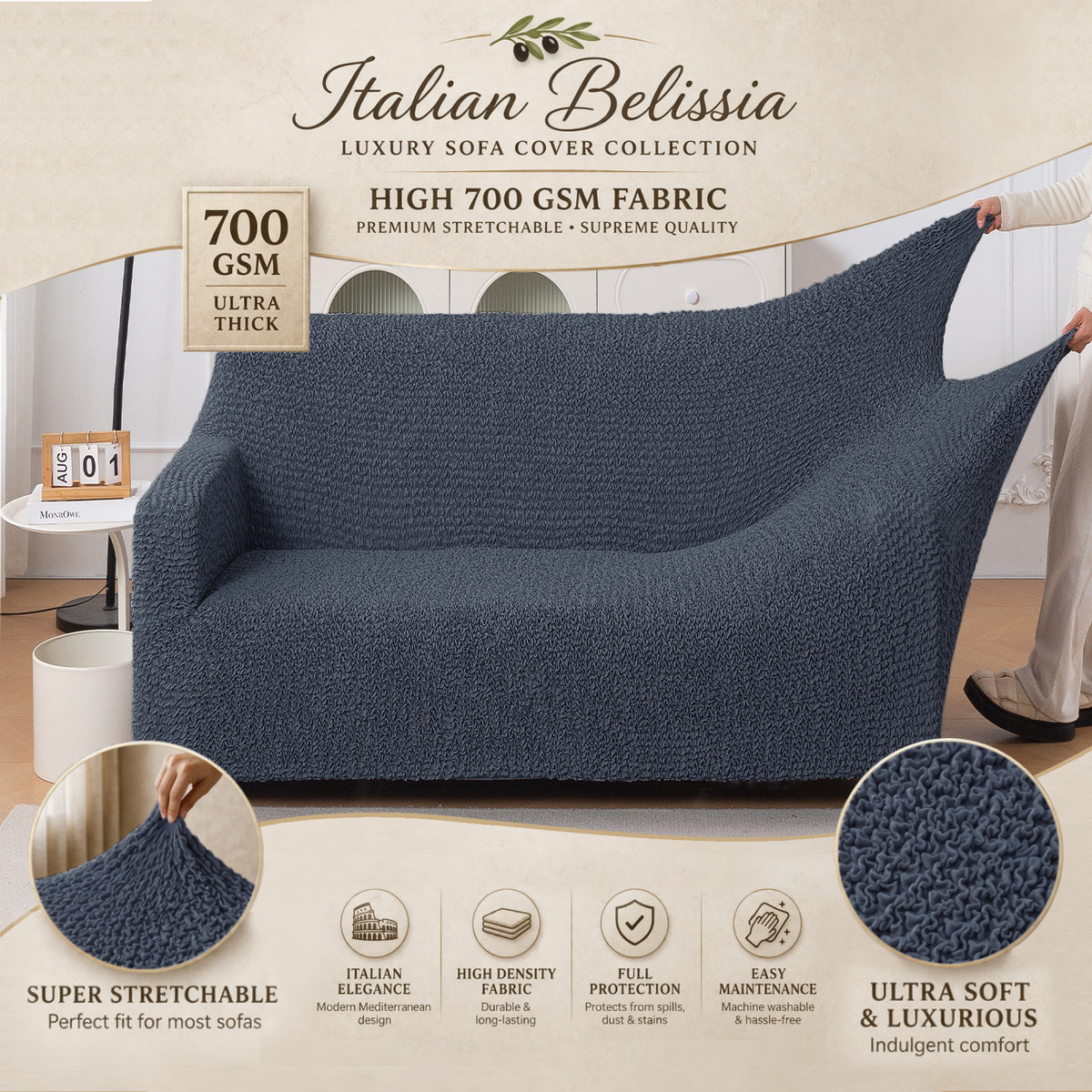 Italian Belissia Luxe Series' Super Stretchable Microfiber 1/2/3 Seater Sofa Cover, Navy Blue