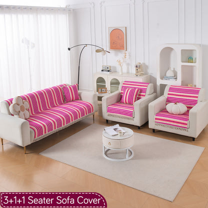 Artisan Boho Series 5-Seater Sofa Cover with Tassels (3+1+1), Fuchsia Pink