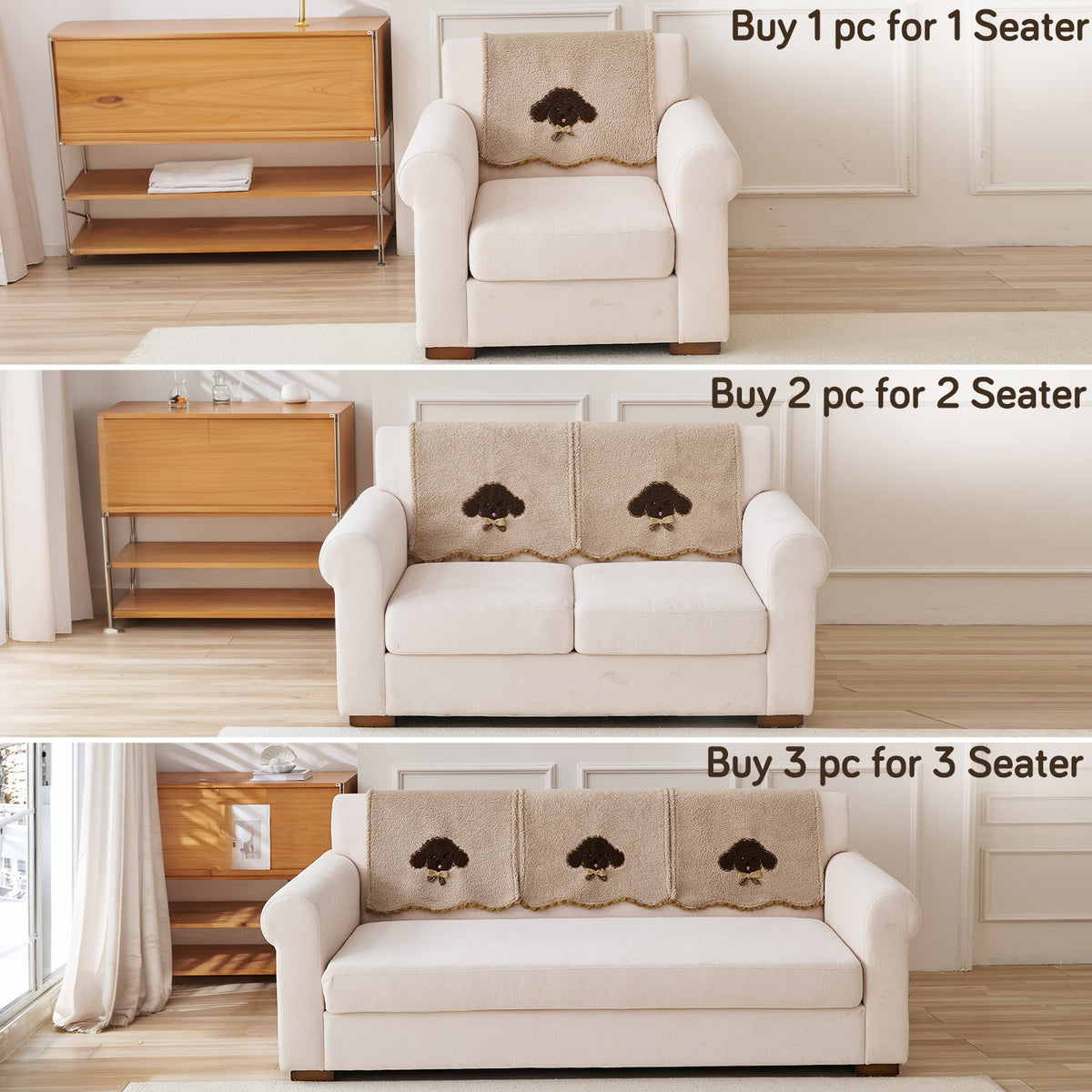 CloudHug Plush Sofa Cover Mat with PomPom and Wavy Edges, Vanilla Latte