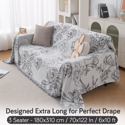 Premium 320 GSM Chenille Sofa Cover Throw All Season 'Serene Abode Series', White Rose Garden