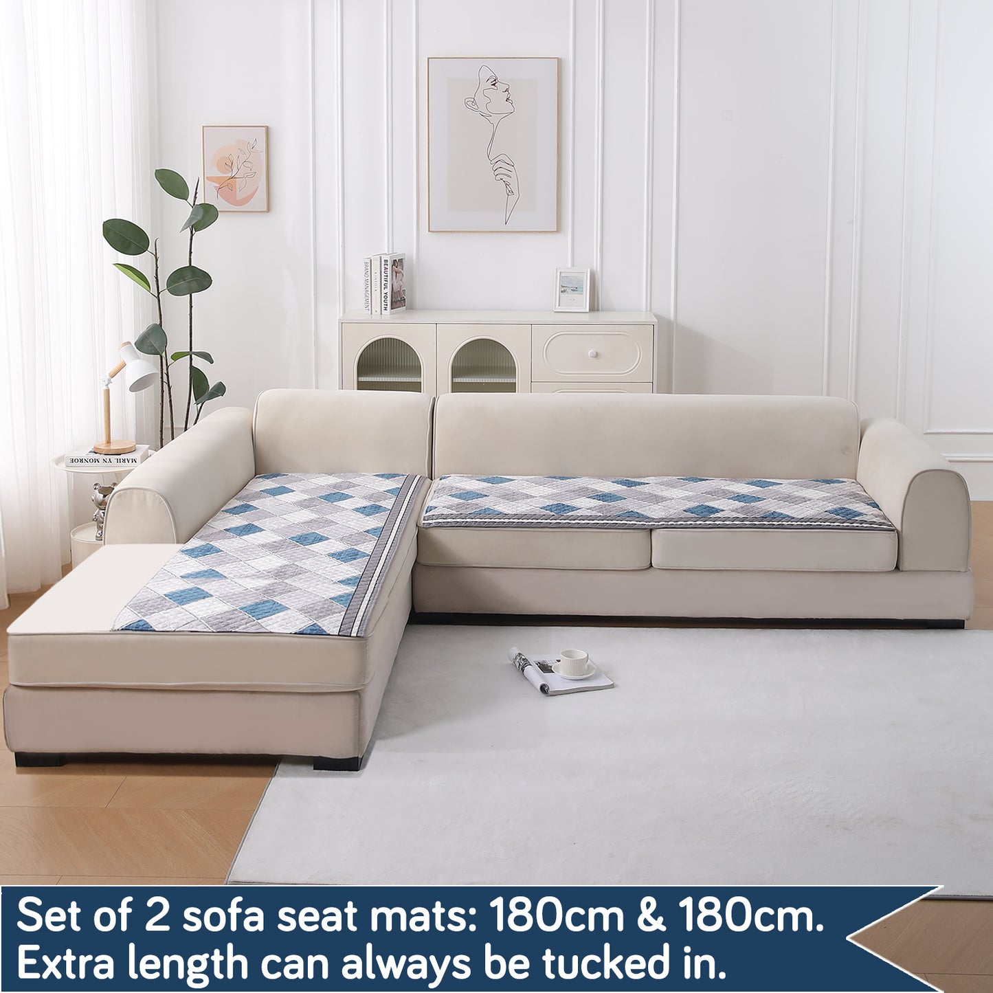 LiefNest Printed Holland Velvet L Shape Sofa Seat Mat with Foam Filling - Diamond Slate Grey Blue