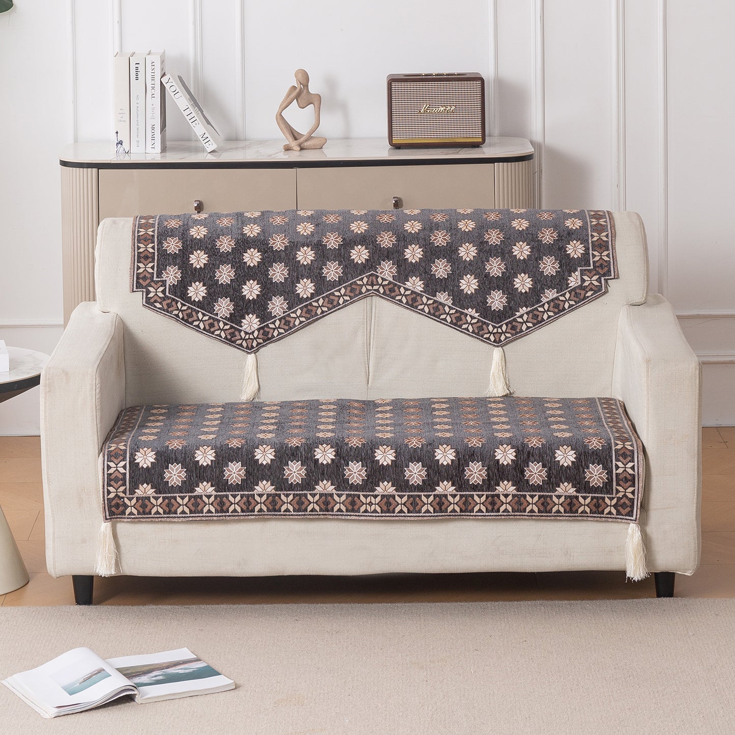 Heritage Weave Premium Jacquard Sofa Cover Set with Tassels - Graphite Grey