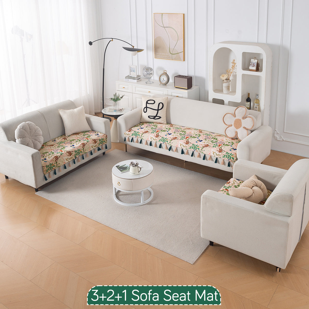 'Whispers of Nature' Series Holland Velvet Sofa Seat Mat with Tassel, Beige Woodland Bloom
