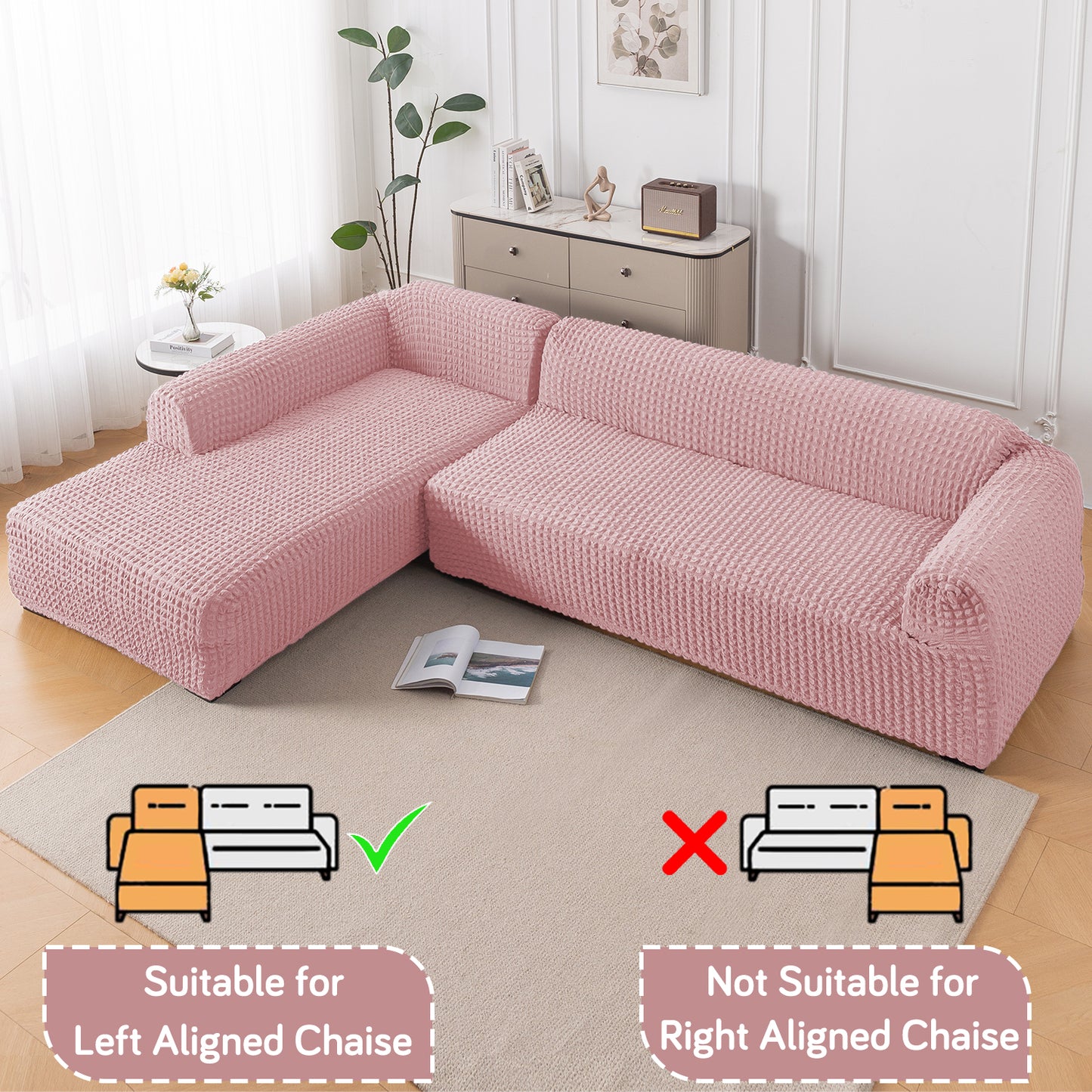 Aria Nova Bubble 2-Piece Stretchable L Shape Sofa Cover with Left Chaise, Tea Rose Pink