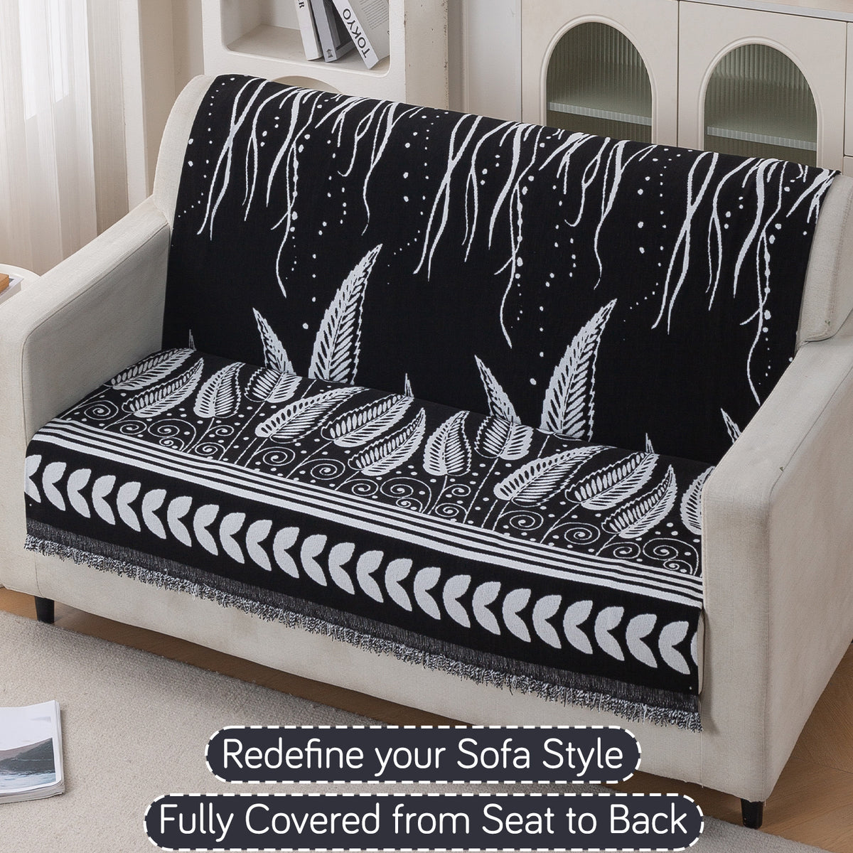 Premium 320 GSM Chenille Sofa Cover 'Serene Abode Series', Black Fern Tribal