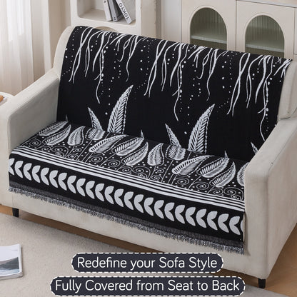 Premium 320 GSM Chenille Sofa Cover 'Serene Abode Series', Black Fern Tribal