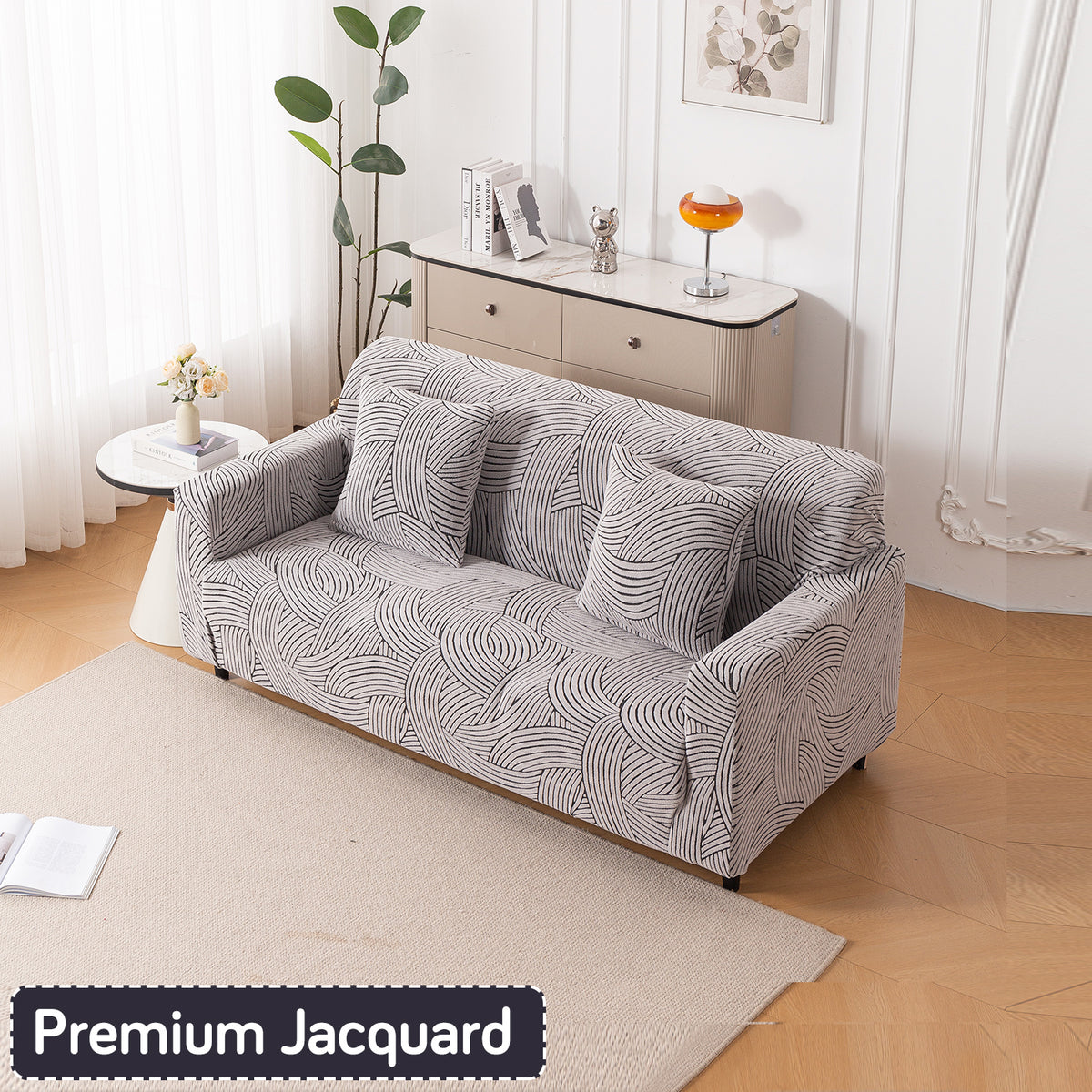 Buy ash grey colour waveline series jacquard two seater sofa cover​