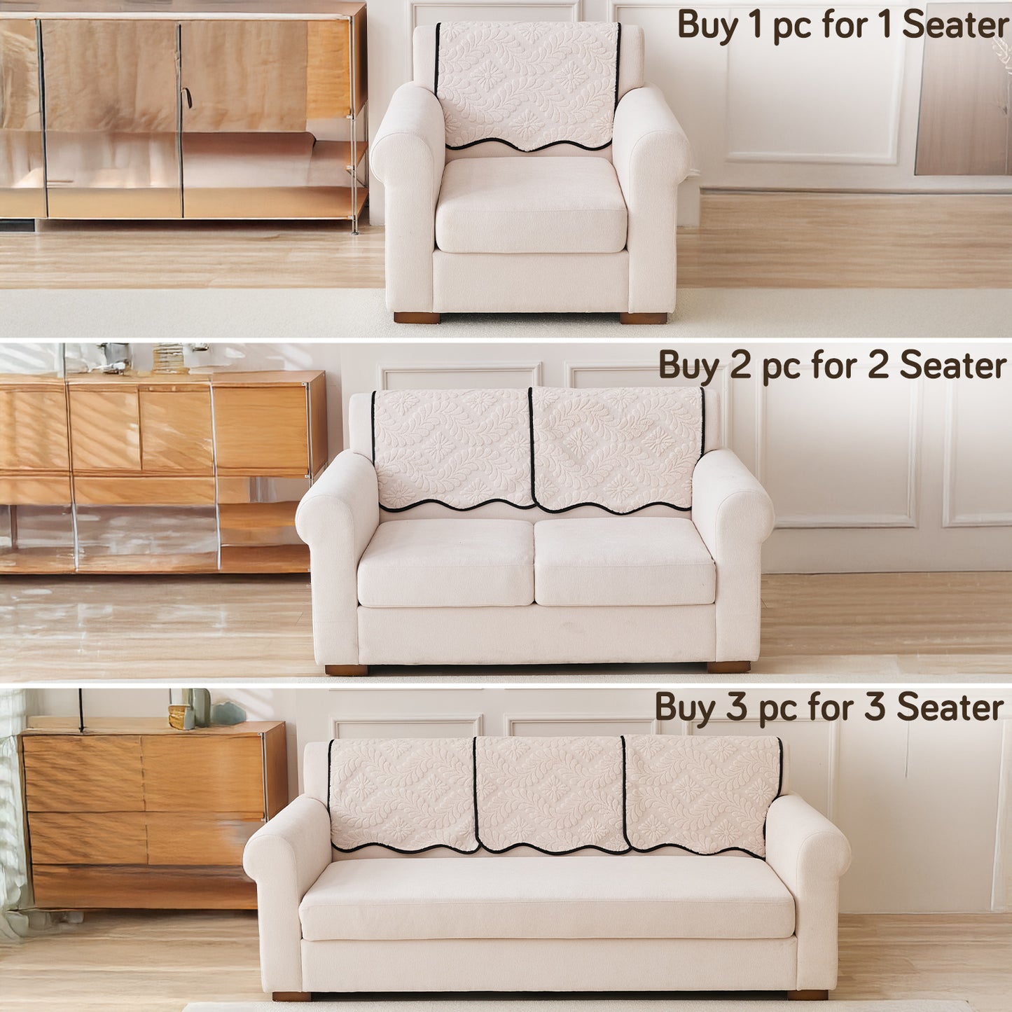 Embossed Floral Jacquard Anti-Slip Sofa Cover Mat, 'Wavy Petal Crest Series' Light Cream