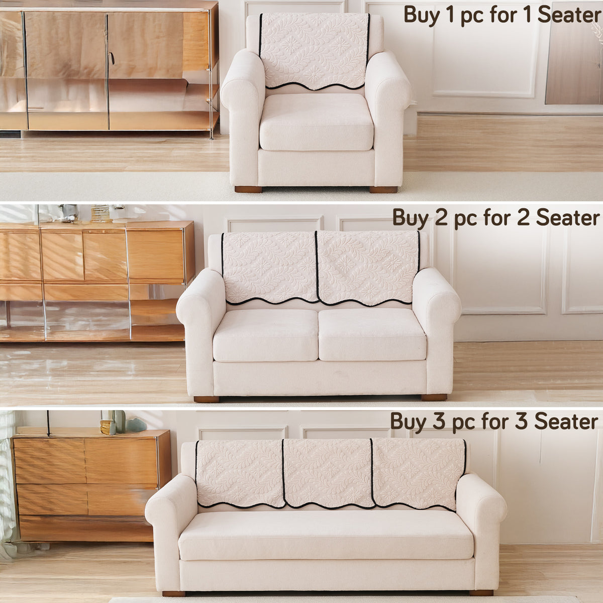 Embossed Floral Jacquard Anti-Slip Sofa Cover Mat, 'Wavy Petal Crest Series' Light Cream
