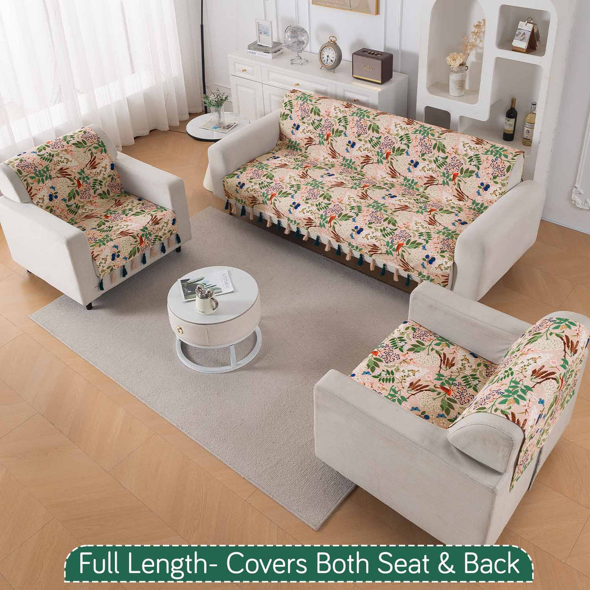 'Whispers of Nature' Series Holland Velvet Sofa Cover with Tassel, Beige Woodland Bloom