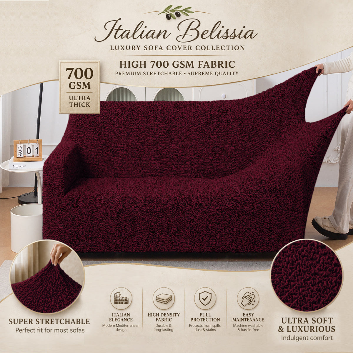 Italian Belissia Luxe Series' Super Stretchable Microfiber 1/2/3 Seater Sofa Cover, Merlot Wine