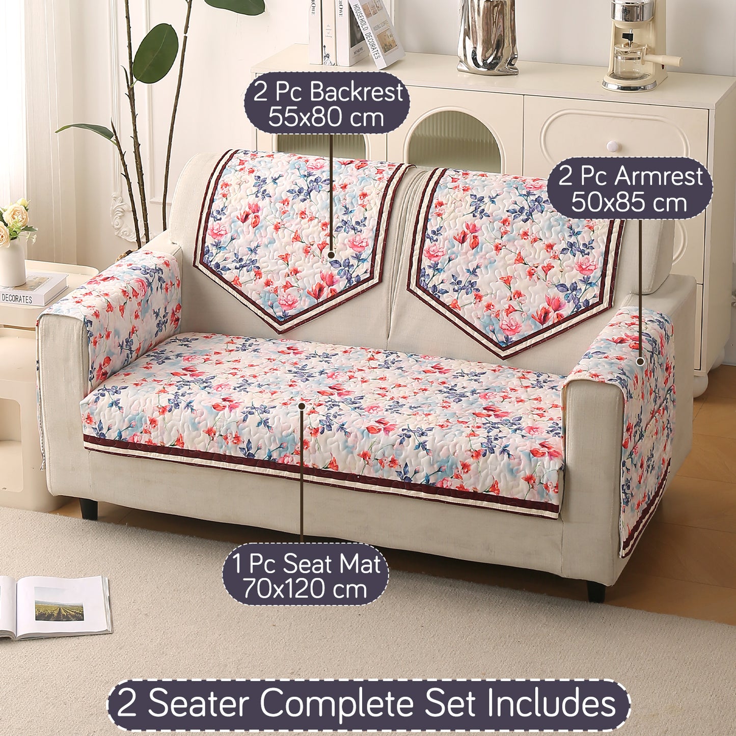 Florentina Series Printed Holland Velvet Sofa Mat - Scarlet Rose Ivory