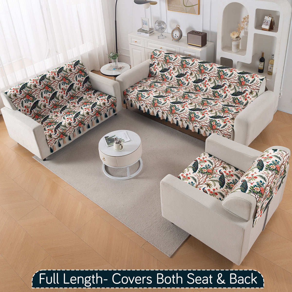 'Whispers of Nature' Series Holland Velvet Sofa Cover with Tassel, Multicolor Tropical Peacock