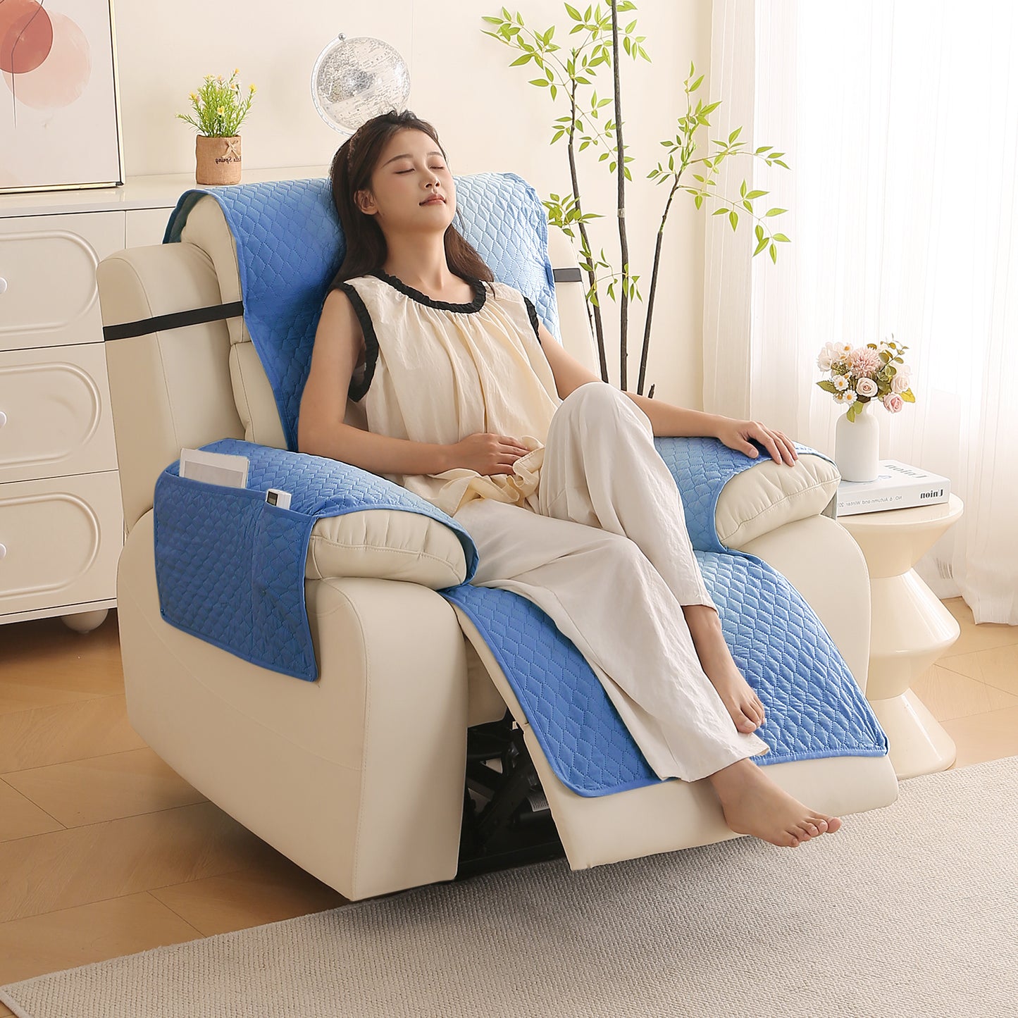Quilted Recliner Mats for 1 Seater Recliner Sofa, Blue
