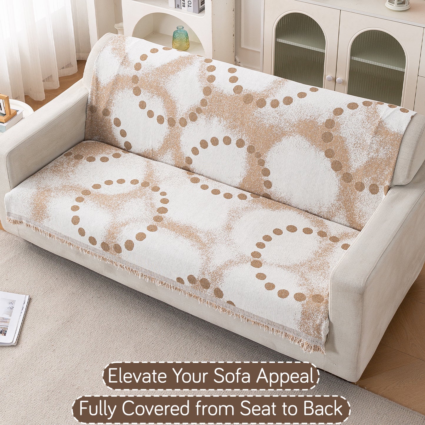 Premium 320 GSM Chenille Sofa Cover 'Serene Abode Series', Latte Dotted Wave