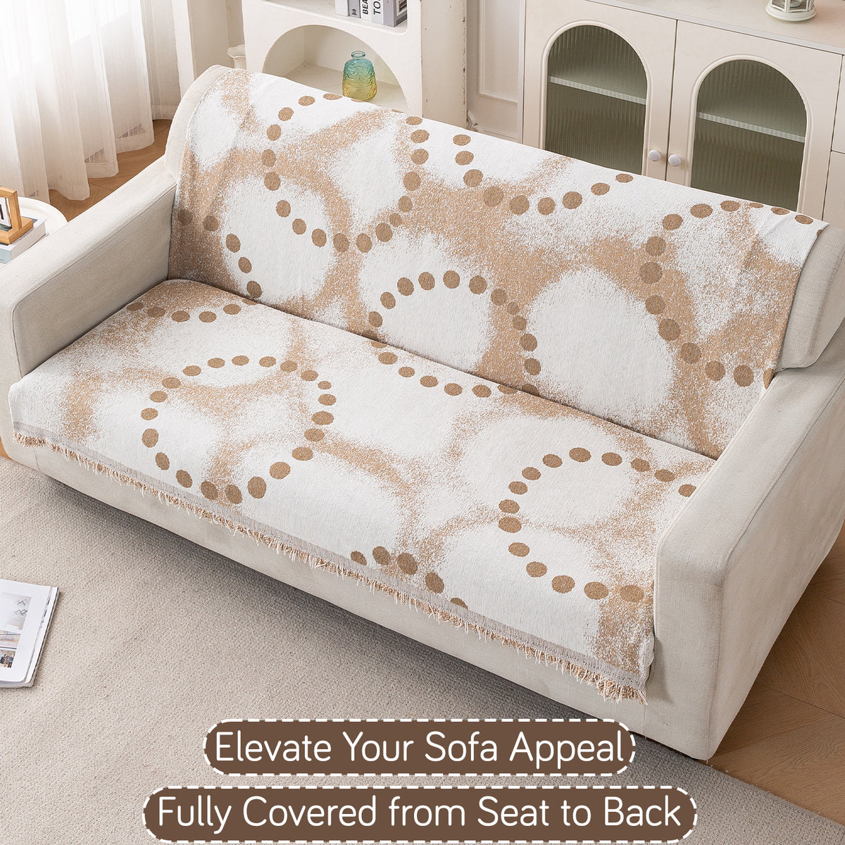 Premium 320 GSM Chenille Sofa Cover 'Serene Abode Series', Latte Dotted Wave