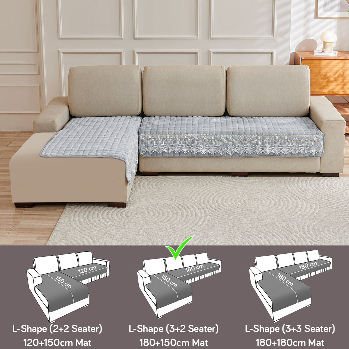 BelleLace Series Imperial Milk Velvet L Shape Sofa Cover Mat with Lace Design - Cloud Grey