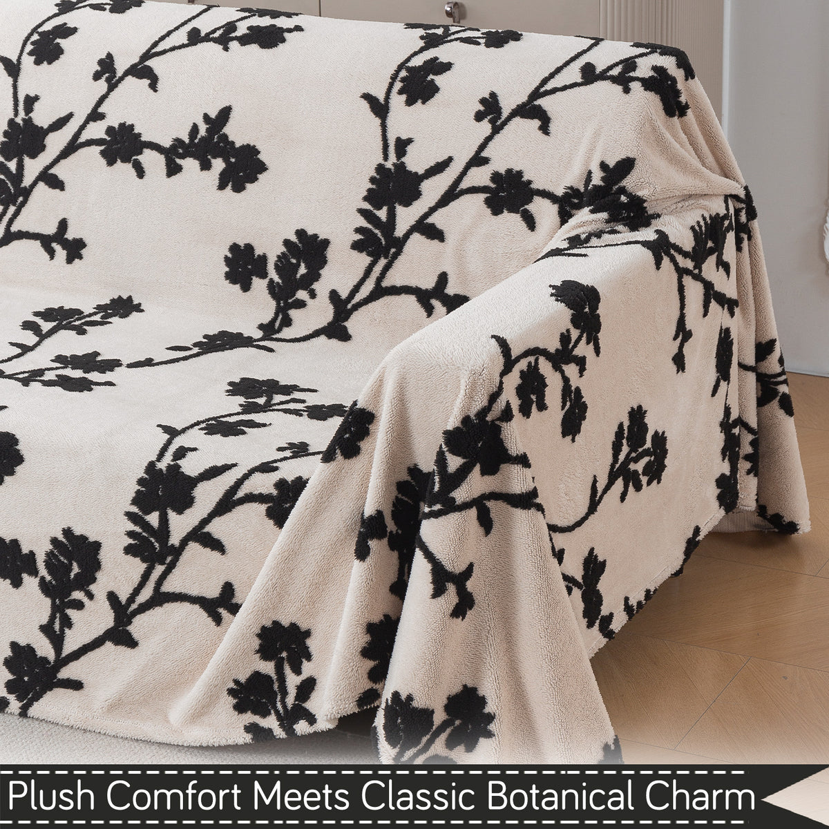 'Noirea Series' Plush Sofa Cover Throw for Complete Sofa, Botanical Vine