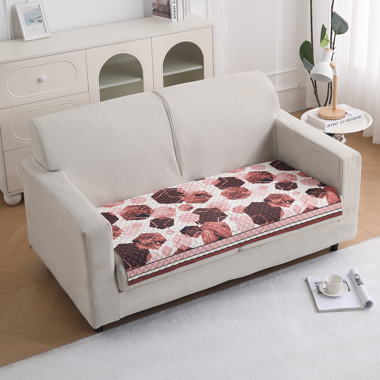 LiefNest Printed Holland Velvet Sofa Mat with Foam Filling - Geometric Hexagon Cider Red for 1/2/3 Seater & Armrest