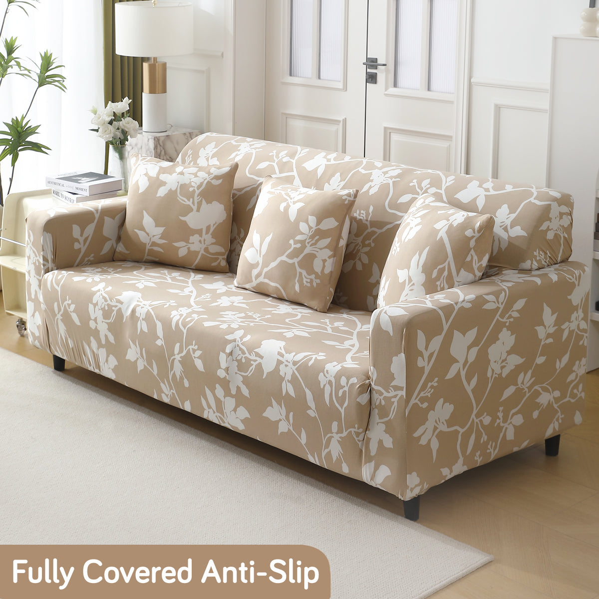 Buff brown silhouette floral print full fitted stretchable three seater sofa cover
