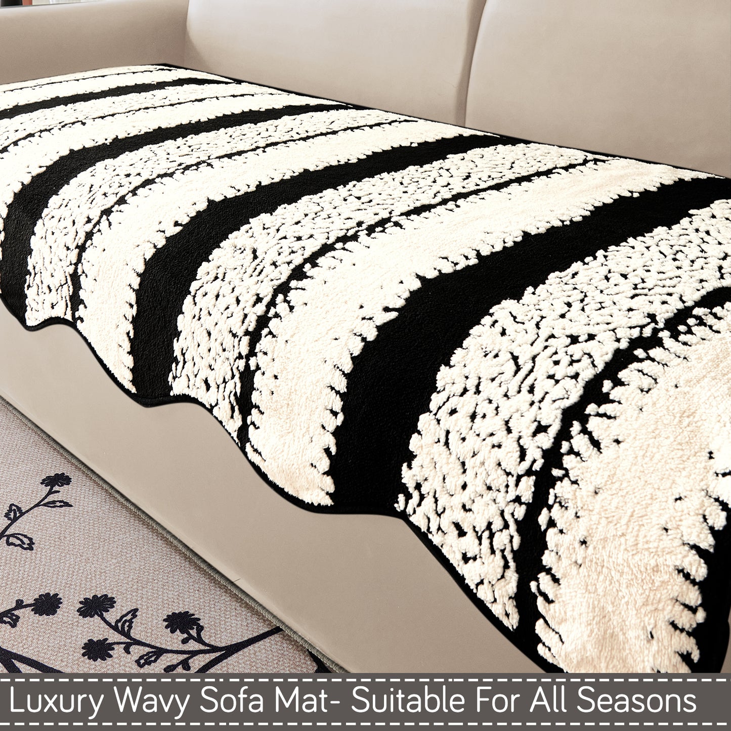 Luxury Wavy Plush Anti-Slip Sofa Cover Mats - Black