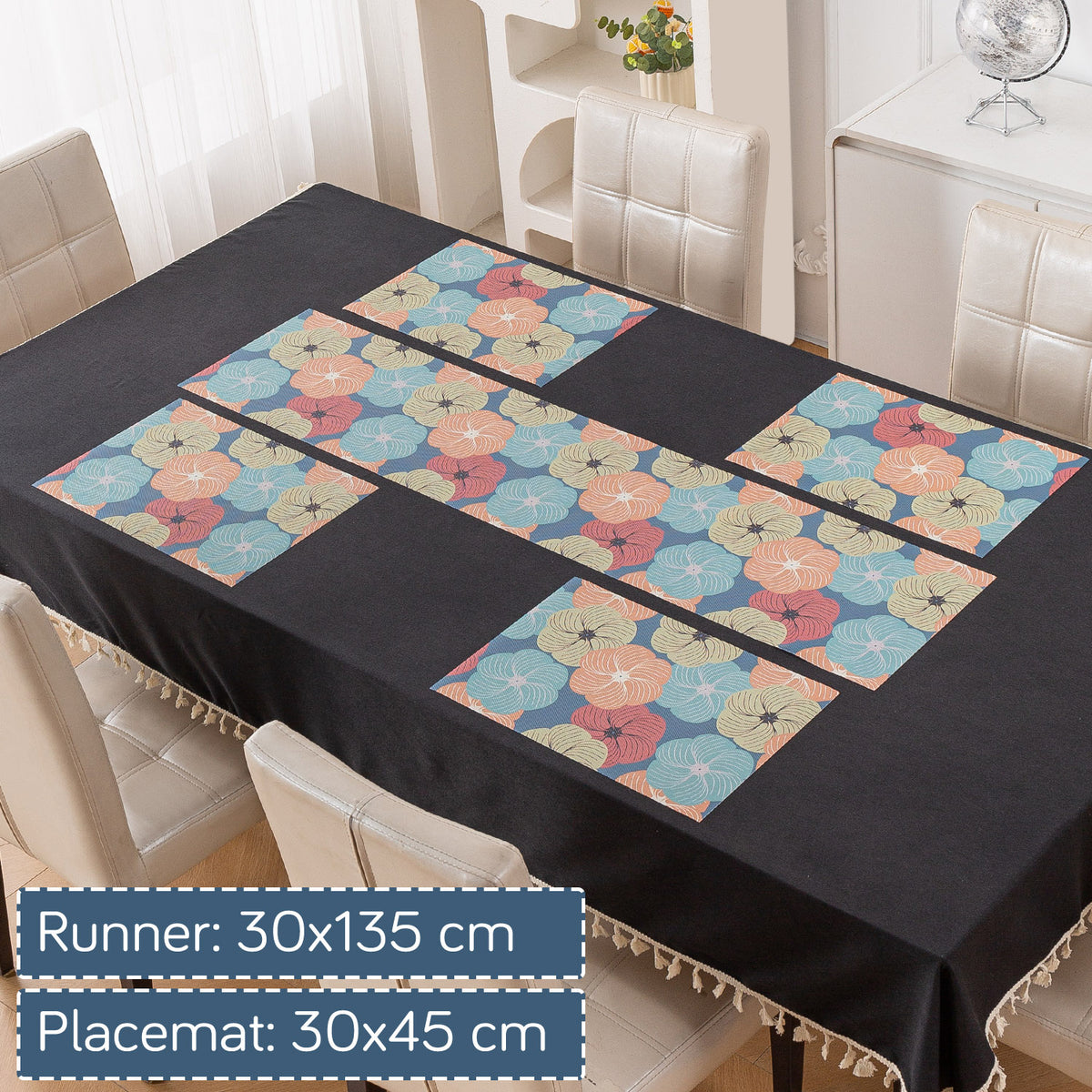 Color Splash PVC Mats for Dining Table, Floral Wheel - Teal Blue