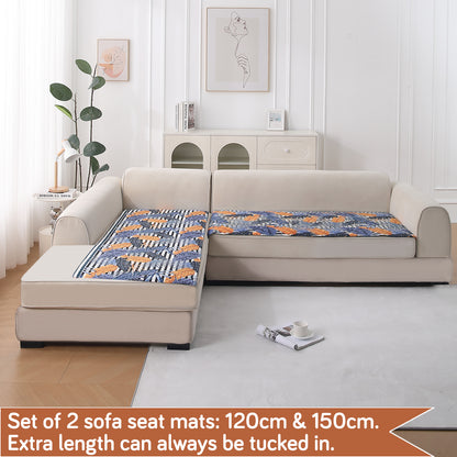 LiefNest Printed Holland Velvet L Shape Sofa Seat Mat with Foam Filling - Tropical Leaves Dusk Blue