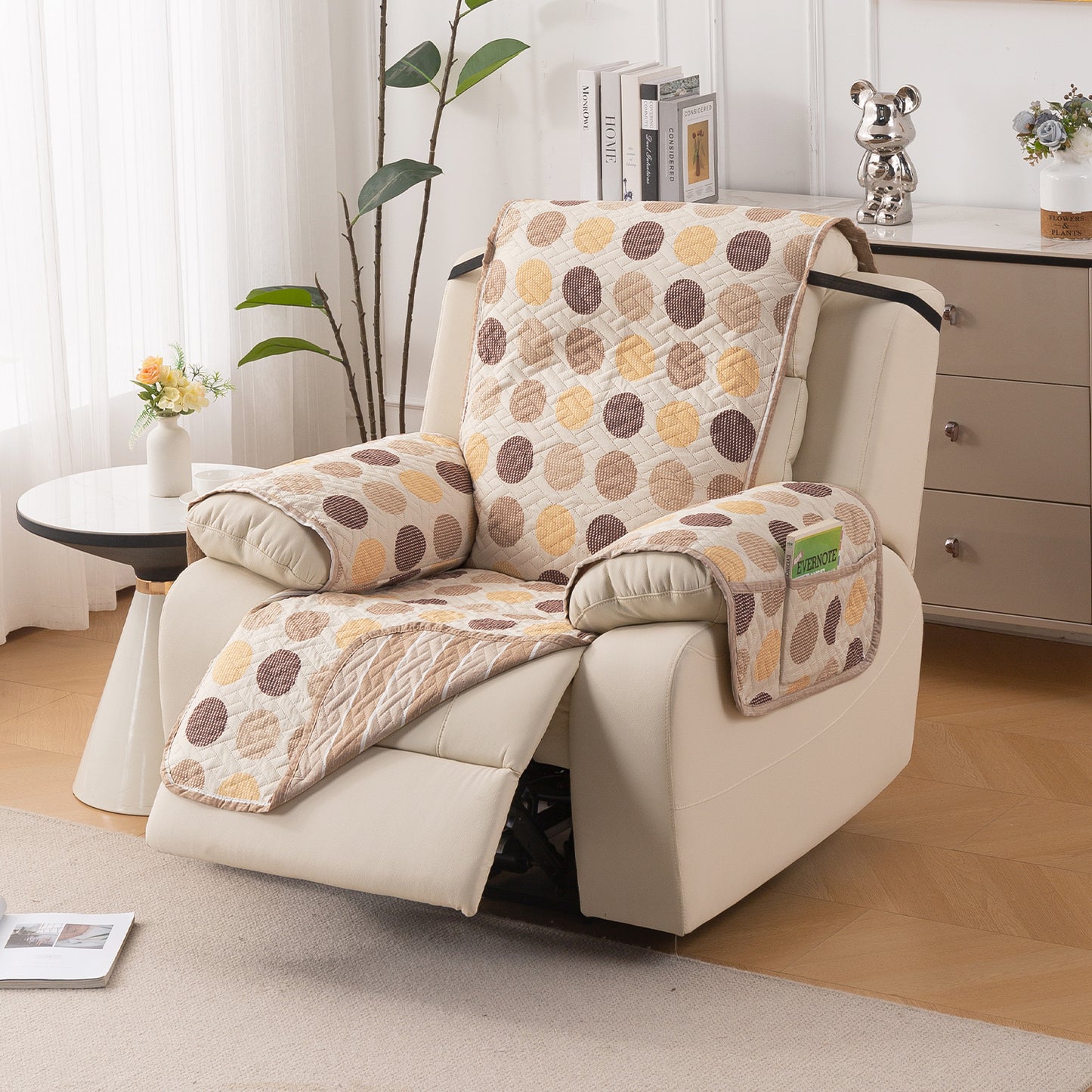 Quilted Cover for Recliner Sofa with SecureFit Belt & Side Pocket, Brown Polka Dot