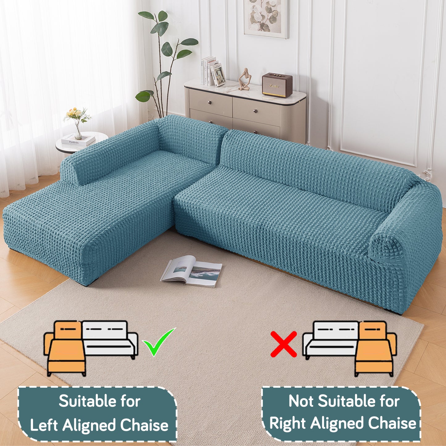 Aria Nova Bubble 2-Piece Stretchable L Shape Sofa Cover with Left Chaise, Tropical Teal
