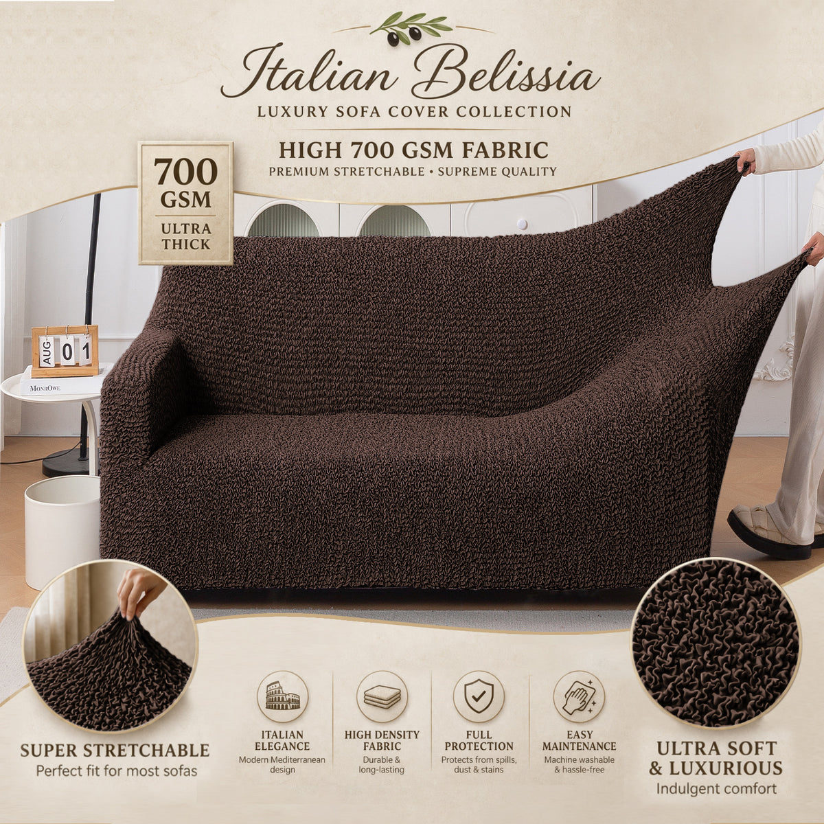 Italian Belissia Luxe Series' Super Stretchable Microfiber 1/2/3 Seater Sofa Cover, Chocolate Brown