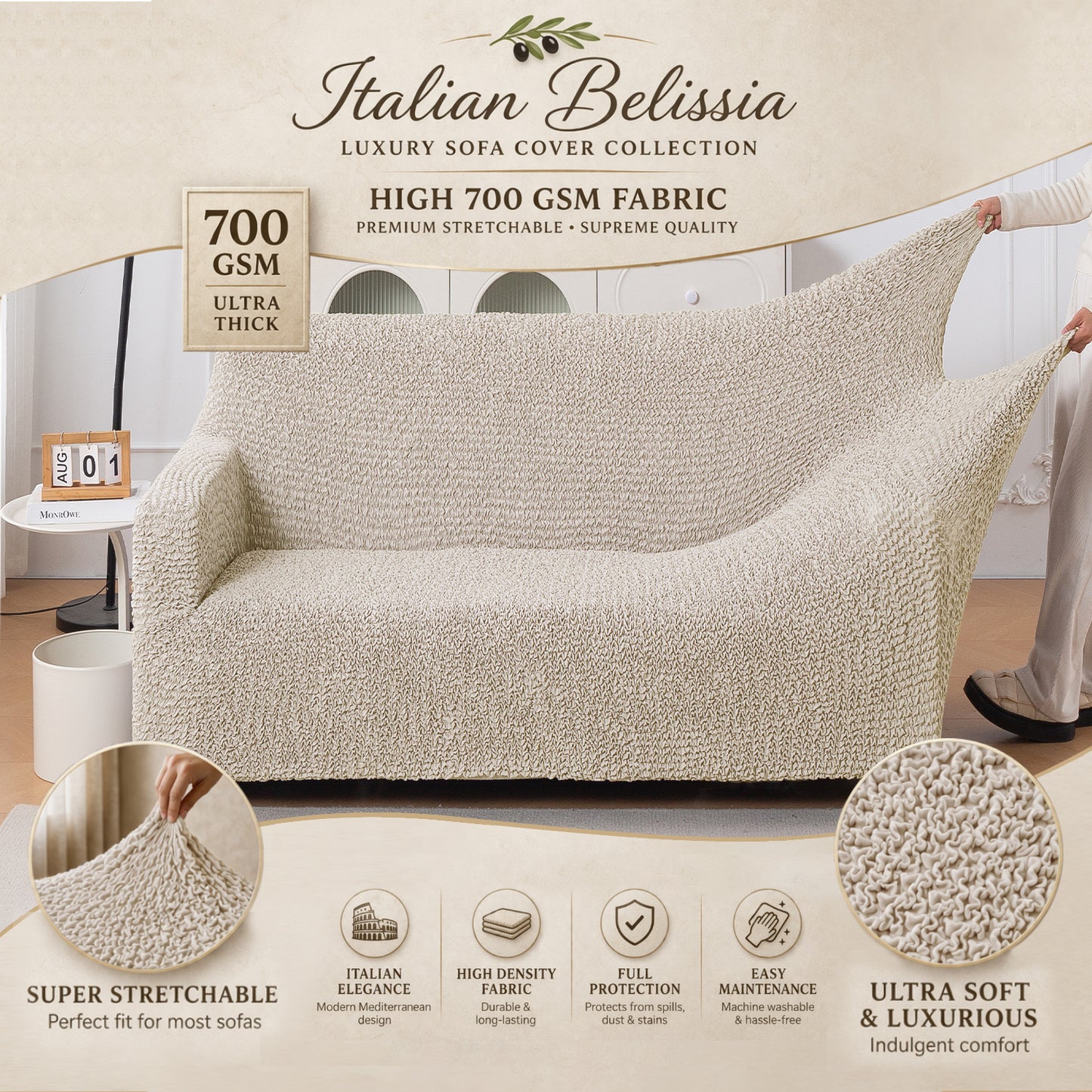 Italian Belissia Luxe Series' Super Stretchable Microfiber 1/2/3 Seater Sofa Cover, Snow Cream
