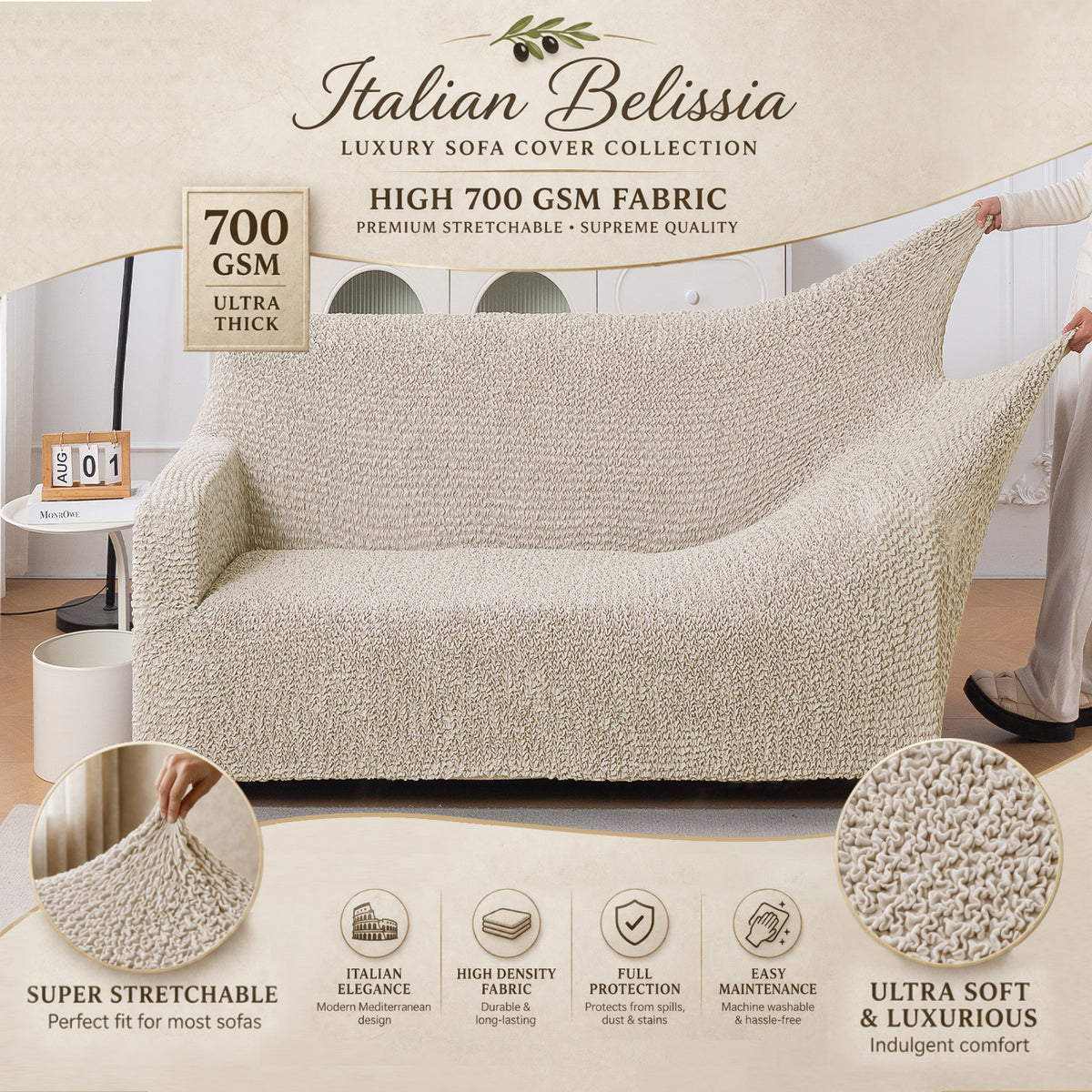 Italian Belissia Luxe Series' Super Stretchable Microfiber 1/2/3 Seater Sofa Cover, Snow Cream