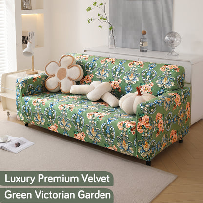 Premium Printed Velvet Sofa Cover 1/2/3 Seaters Fully Covered, Green Victorian Garden