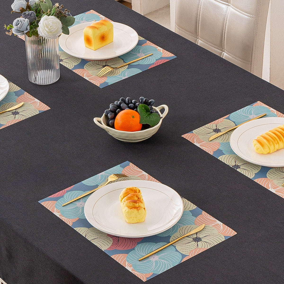 Color Splash PVC Mats for Dining Table, Floral Wheel - Teal Blue