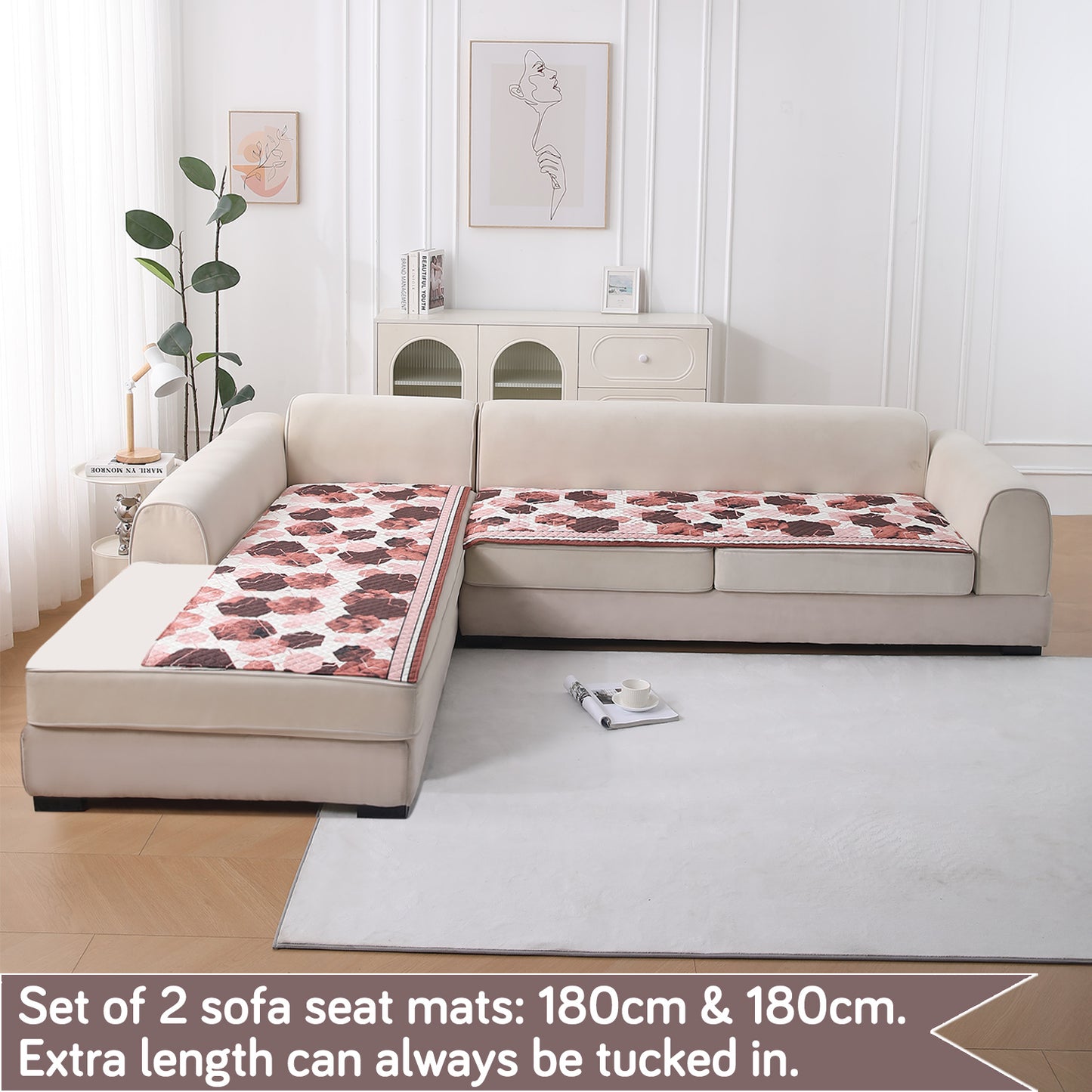 LiefNest Printed Holland Velvet L Shape Sofa Seat Mat with Foam Filling - Geometric Hexagon Cider Red