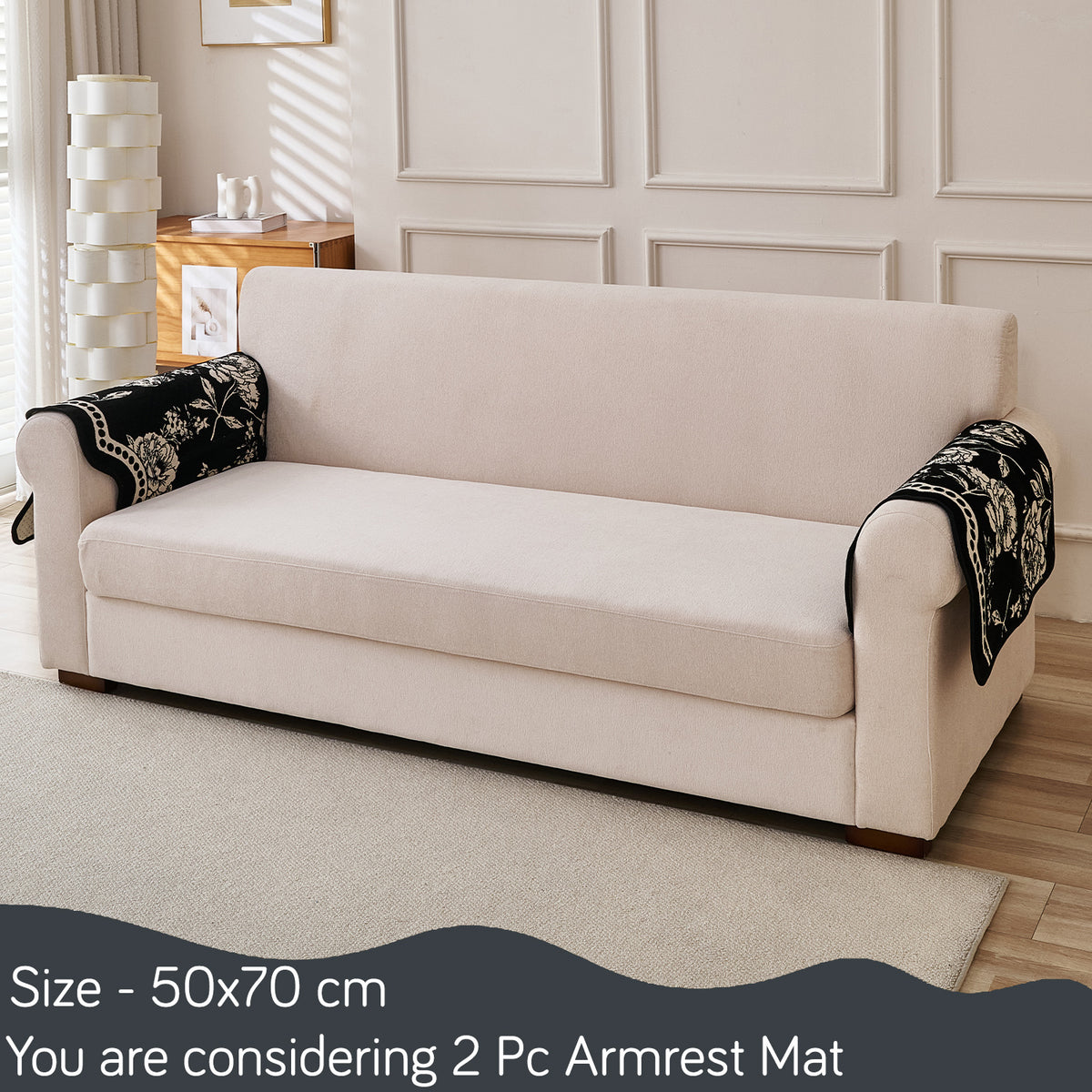 Chenille Sofa Cover Mat with Curvy Edges, 'Retro Curves Series' Sofa Mat, Classic Black