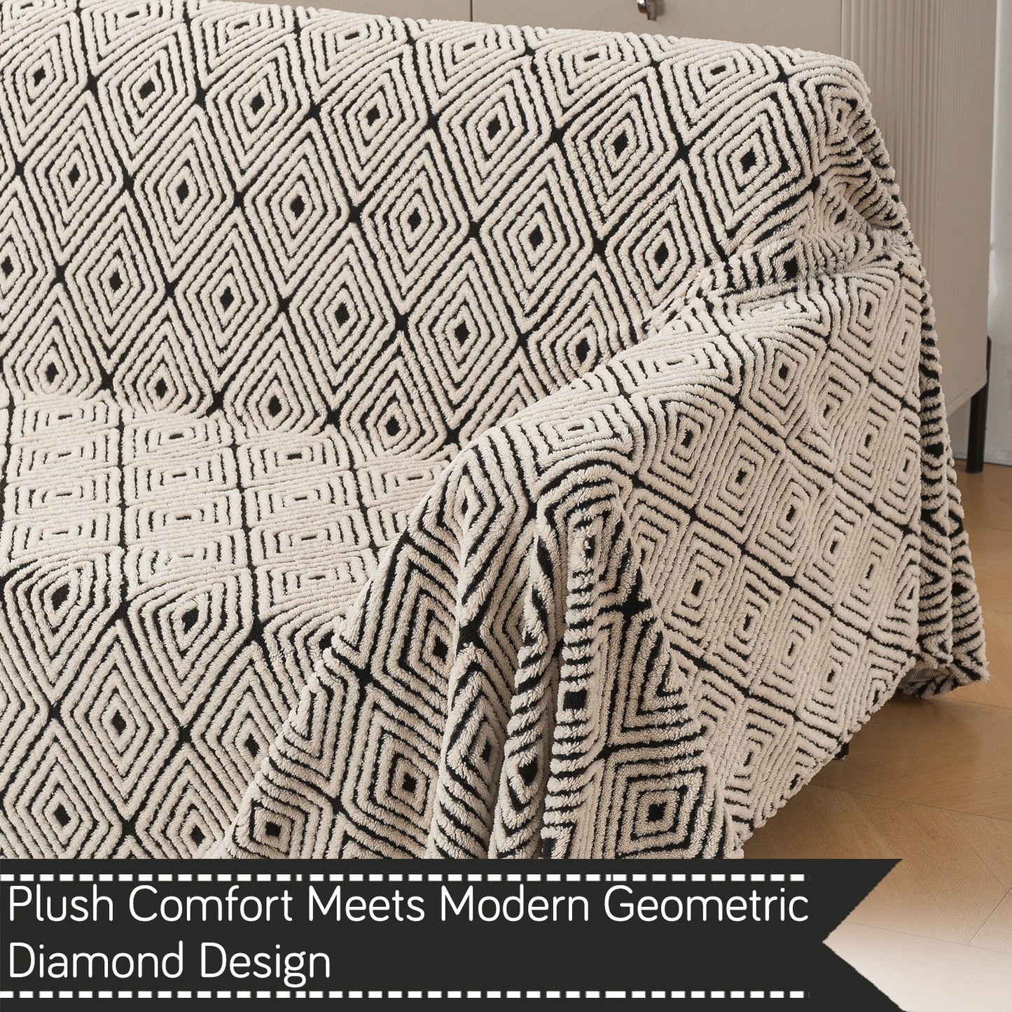 'Noirea Series' Plush Sofa Cover Throw for Complete Sofa, Geometric Diamond