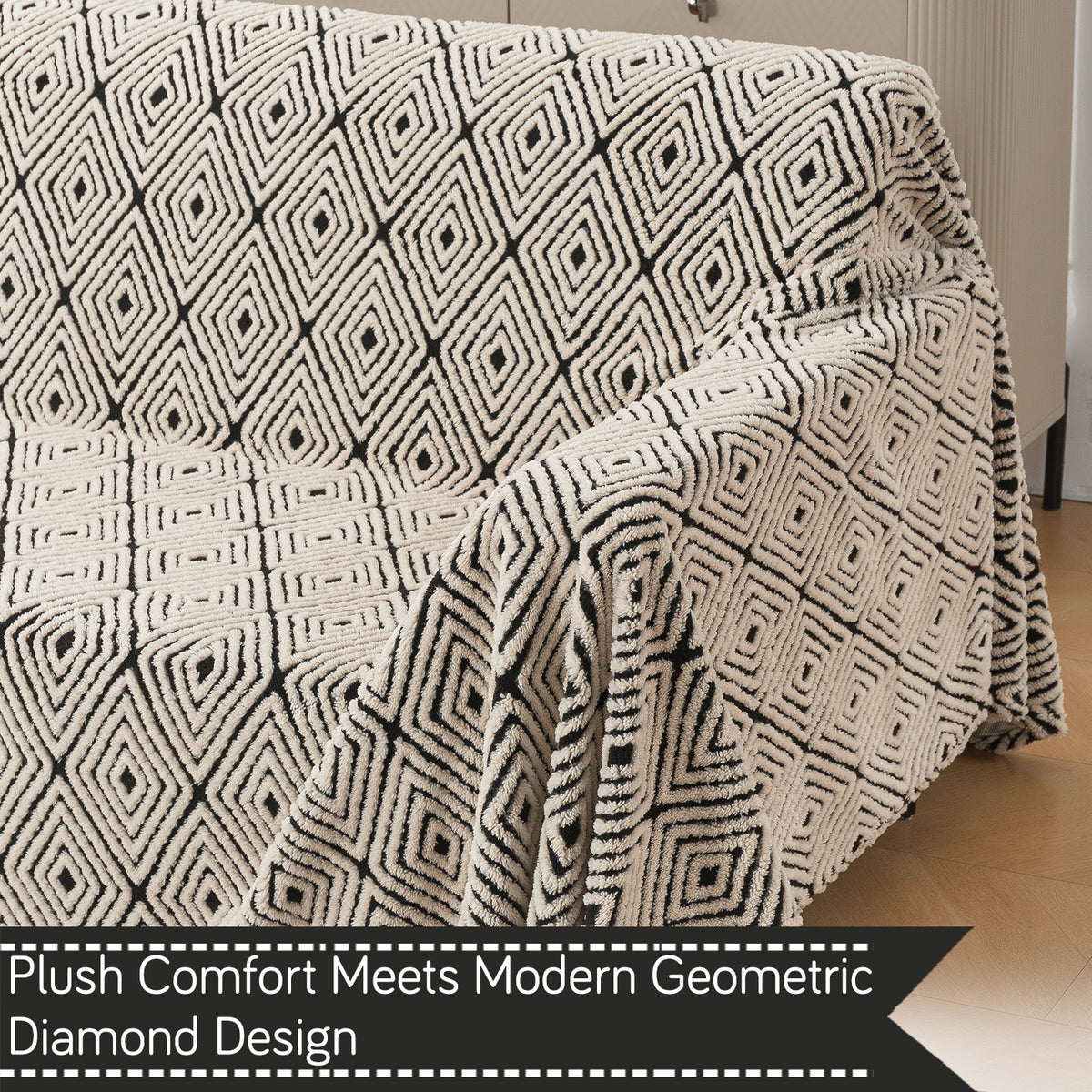 'Noirea Series' Plush Sofa Cover Throw for Complete Sofa, Geometric Diamond