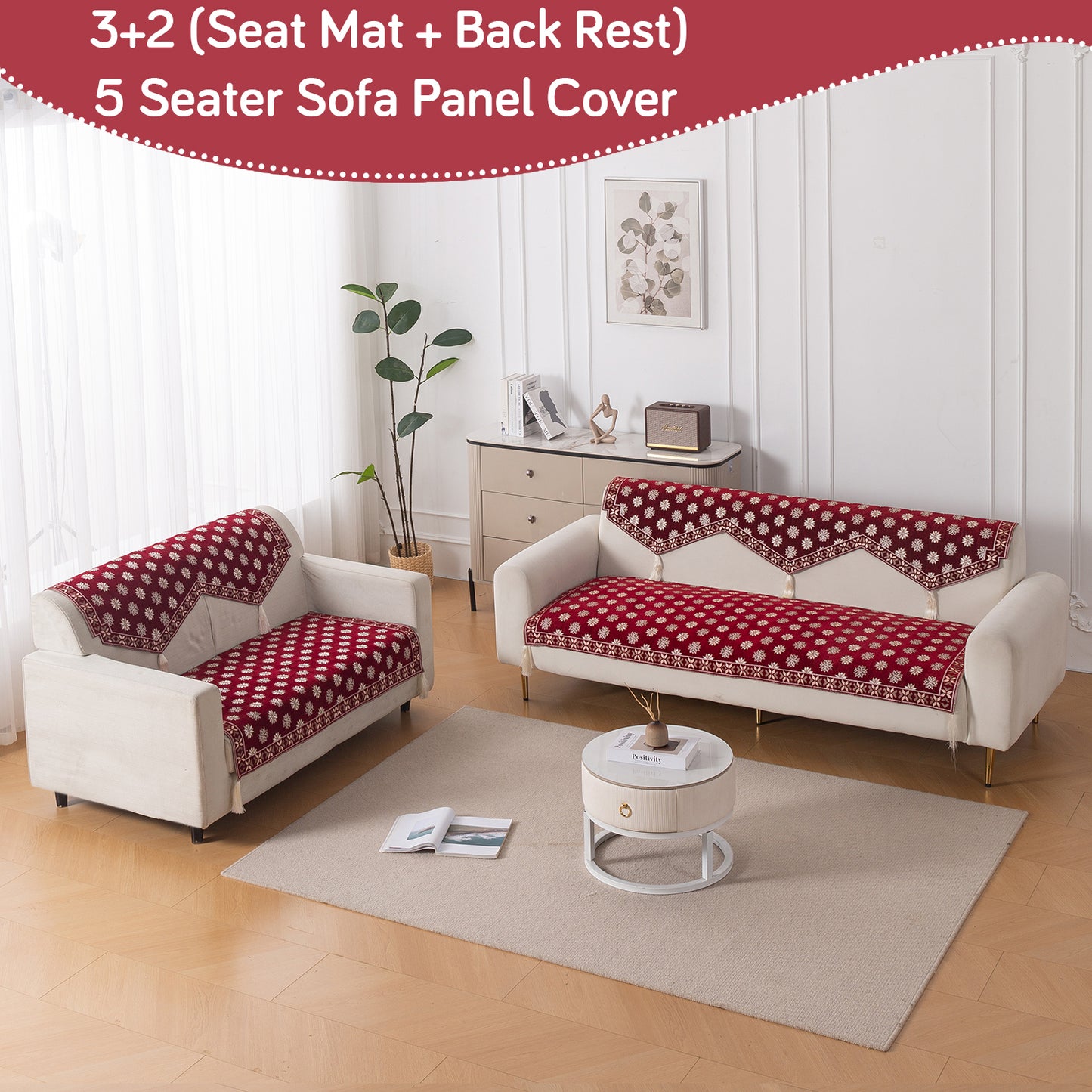 Heritage Weave Premium Jacquard Sofa Cover Set with Tassels -  Crimson Red