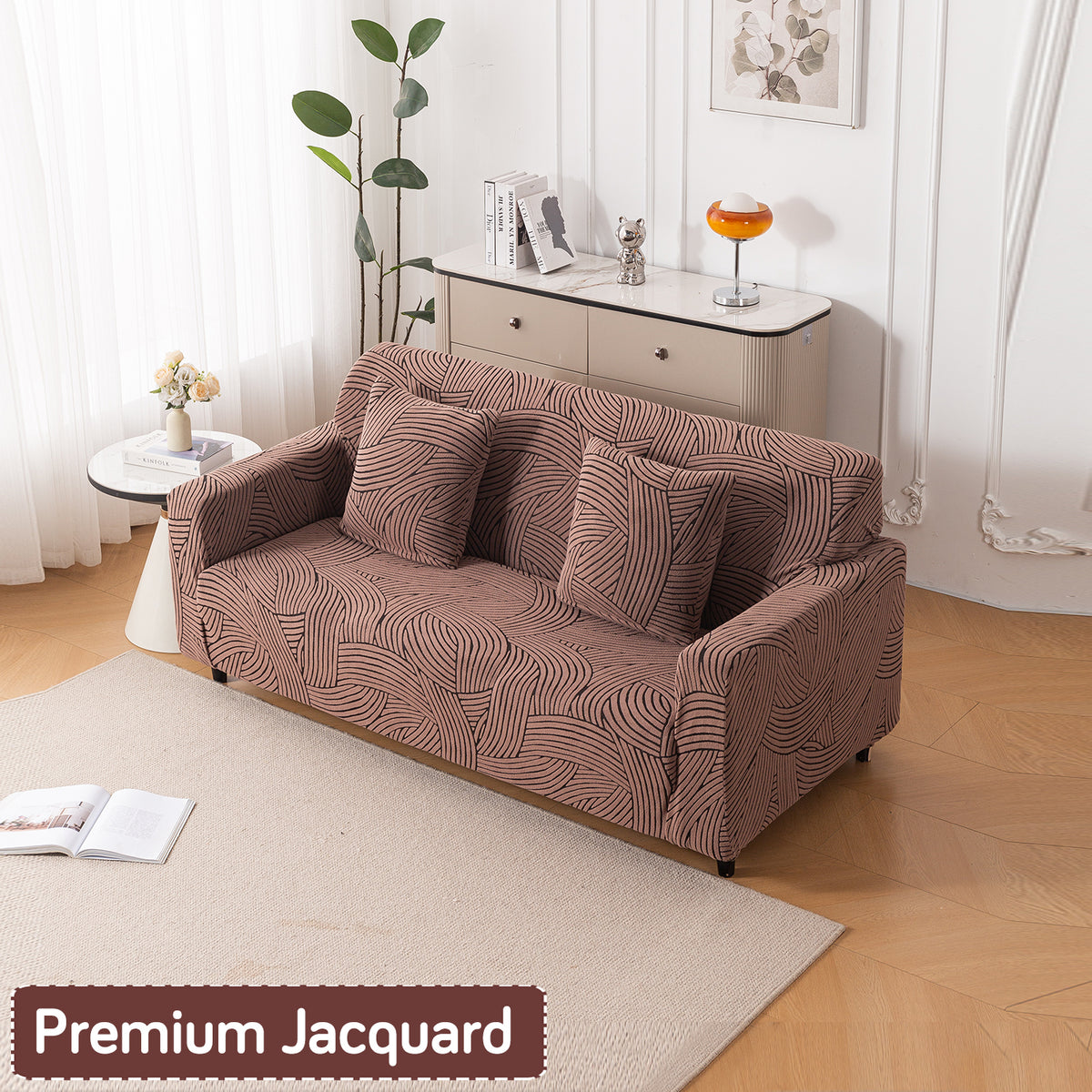 Buy rust brown colour waveline series jacquard 2 seater sofa & cushion cover​s