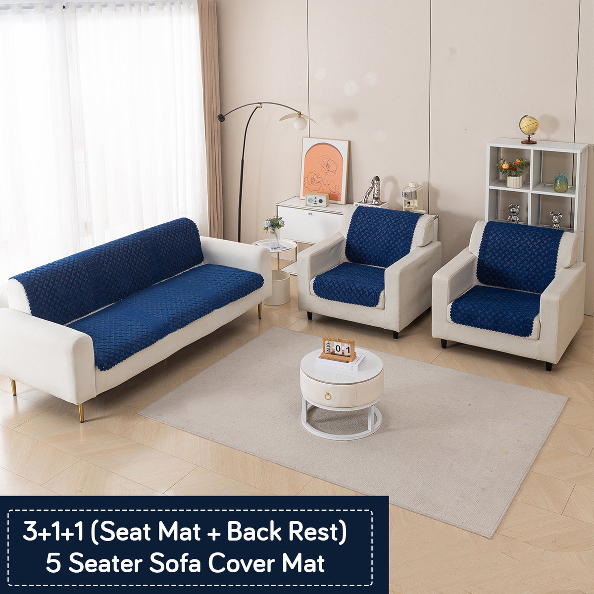 Modern Matrix 5-Seater Reversible Sofa Cover (3+1+1), Midnight Blue